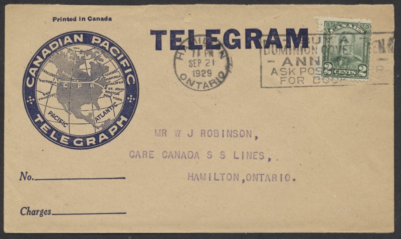 1929 Canadian Pacific Telegraph Cover #150 2c Scroll Perfin Hamilton Slogan