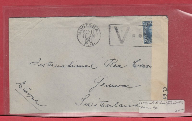 5 cent UPU rate 1st ounce to Switzerland censor C64 1941 Canada cover