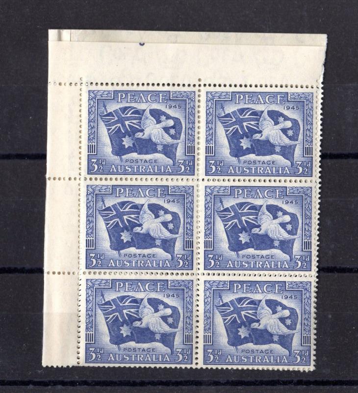 Australia KGVI 1945 3 1/2d Peace Block of 6 SG214 Mint MNH X3936