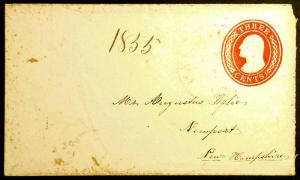 3c Red 1854 & 1855 Embossed Envelopes Both Sent to Augustus Wylie 2 Rare items