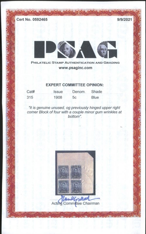 U.S. #315 MINT SINGLE WITH PSAG CERT OG