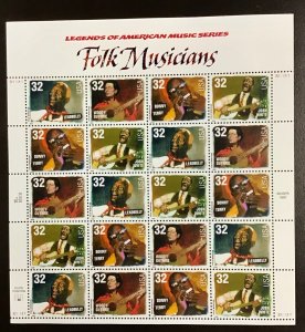 3212-3215  Folk Musicians  American Music Series MNH  32 c sheet of 20 FV $6.40