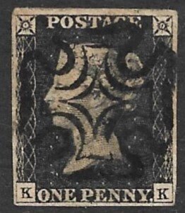 Great Britain Penny Black KK Four Margins