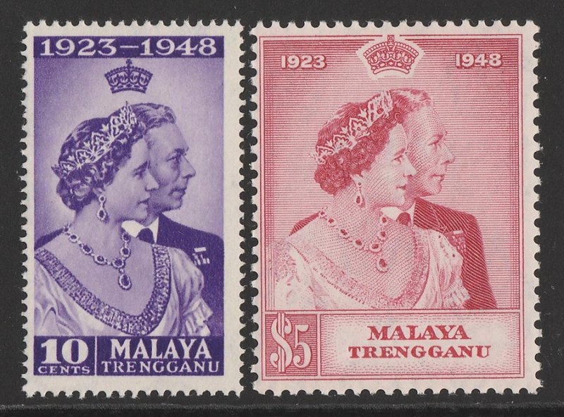 MALAYA - Trengganu : 1948 KGVI Silver Wedding set 10c & $5. MNH **. 