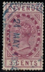 Straits Settlements Revenue Stamp 3 cents Queen Victoria Used Blue Date Cancel