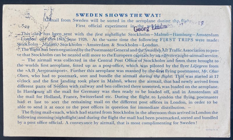 1928 Stockholm Sweden First Night Flight Airmail Postcard Cover FFC To London
