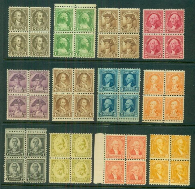 US #704-15 Washington Bicentennial set, Blocks of 4, og, NH, VF, Scott $133.00