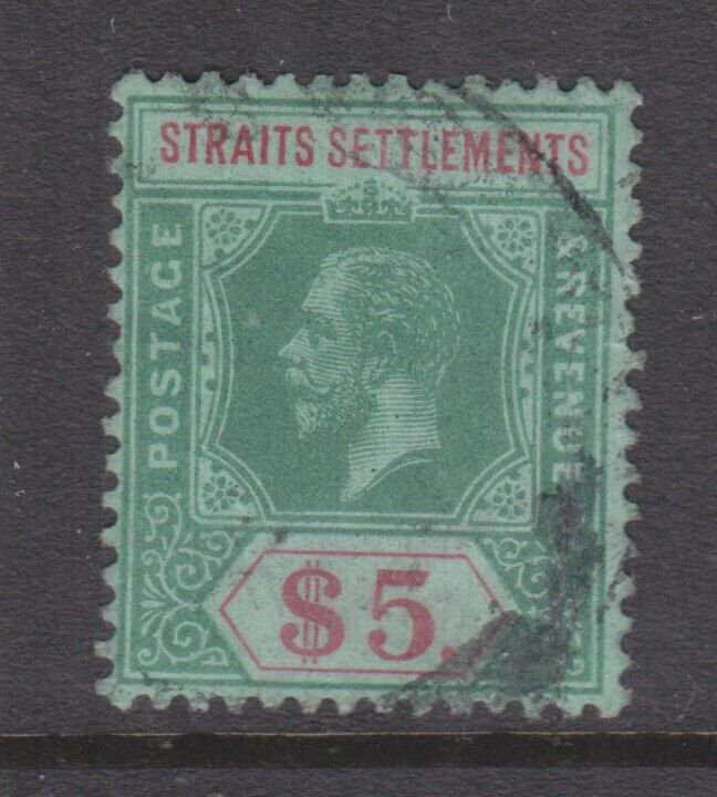 STRAITS SETTLEMENTS, 1915 KGV, Mult CA $ 5.00 Green & Red on Green, used.