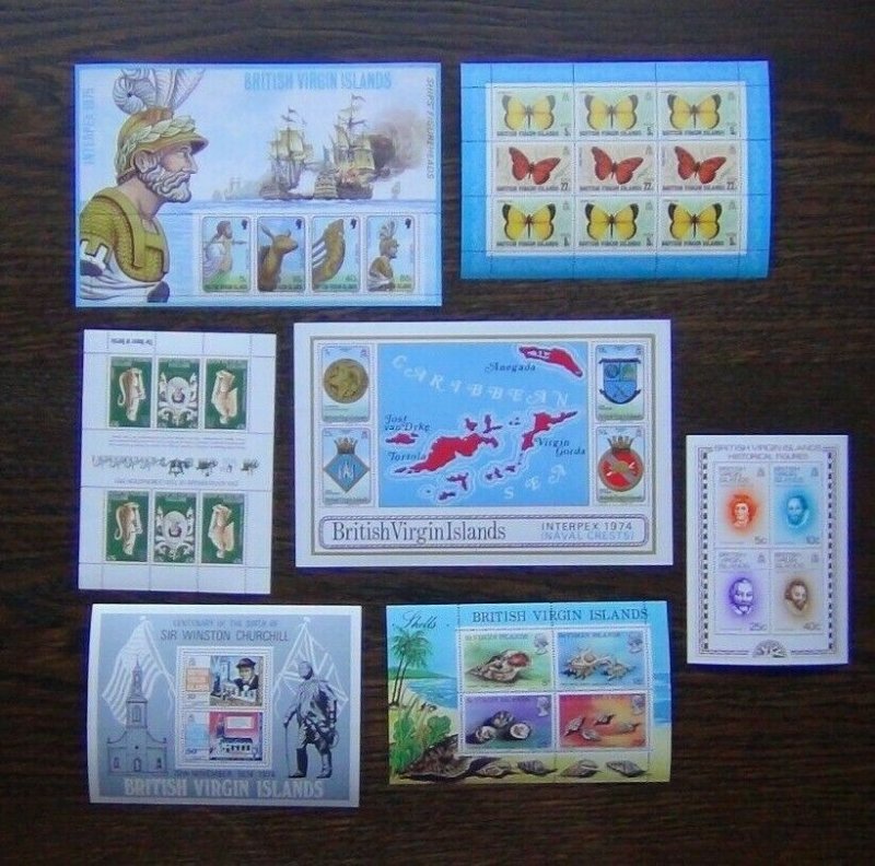 British Virgin Islands 1974 1978 7 x M/S Butterflies Ships Churchill Shells MNH