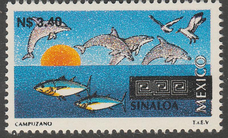 MEXICO 1799, N$3.40 Tourism Sinaloa, dolphins, tuna. Mint, Never Hinged F-VF.