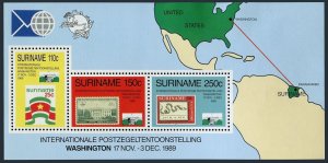 Surinam 851a sheet, MNH. Michel Bl.51. EXPO Washington-1989. Flag, Snake poster.