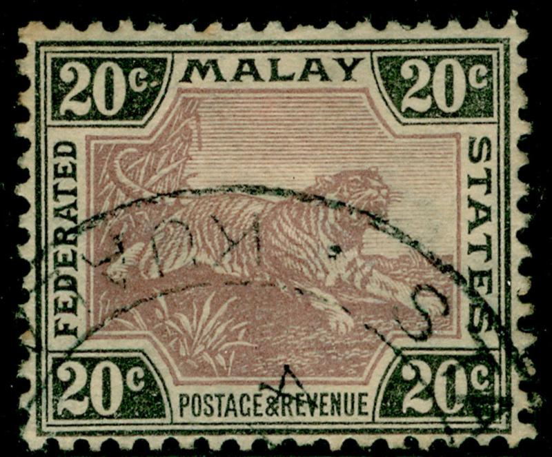 MALAYSIA - Federated Malay States SG59a, 20c purple & black, FU. WMK SCRIPT.