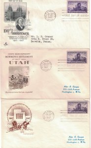 #950 FDC, 3c Utah Centennial, 3 diff. cachets