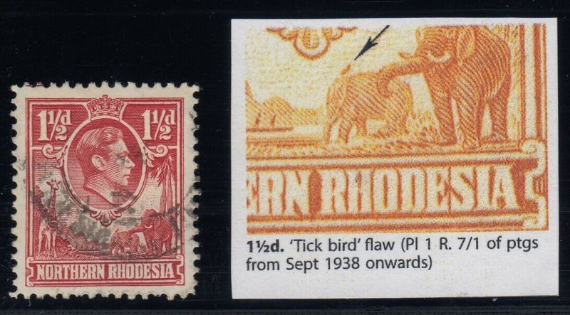 Northern Rhodesia, SG 29b, used Tick Bird Flaw variety