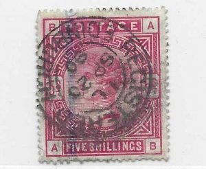 UK 1883 QUEEN VICTORIA 5 SH. ROSE S.G. # 180 EDINBURGH SCOTLAND REGISTERED