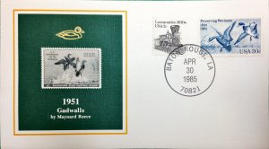 1985 50th Anniversary Duck Stamp FDC of RW18 1951 GADWALL DUCKS, BATON ROUGE, LA