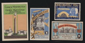 US 1932 Washington Bicentennial Poster Stamps Lot of 4 w/4 Different States