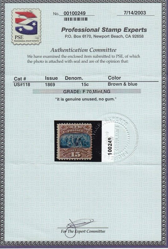 118 Scarce unused with PSE cert grade 70 with nice color cv $ 3750 ! see pic !