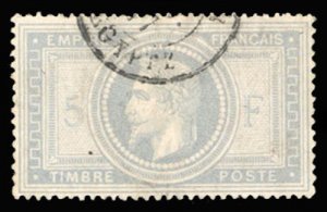 France, 1850-1900 #37 Cat$750, 1869 5fr gray lilac, used, small thin