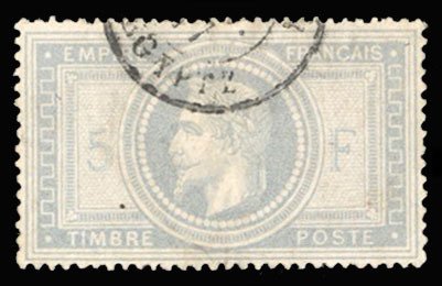 France, 1850-1900 #37 Cat$750, 1869 5fr gray lilac, used, small thin