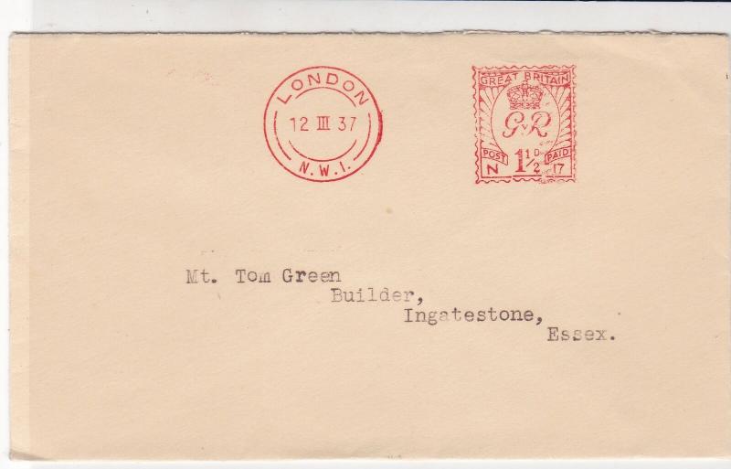 England 1937 Nettlefold & Sons Ltd London Embossed Bk Meter Mail Cover Ref 31829