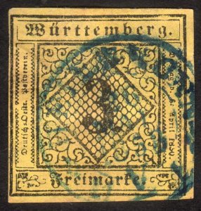 1851, Germany Wurttemberg 1Kr, Used, Sc 2a