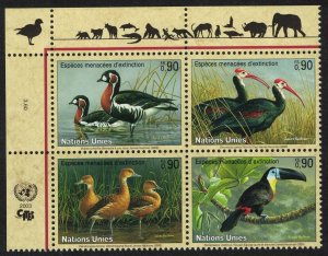 UN Geneva Goose Ibis Duck Toucan Endangered Birds Block of 4 2003 MNH