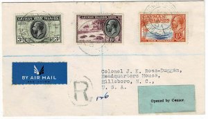 Cayman Islands 1939 Georgetown cancel on registered, airmail cover to the U.S.