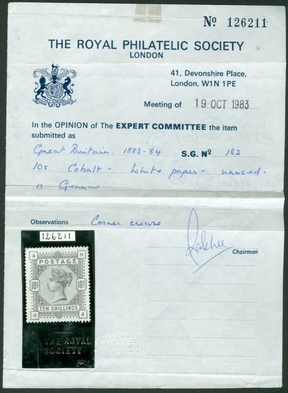 SG 182 10/- cobalt on white paper. A fine fresh mounted mint example. Good...