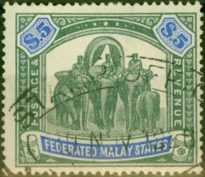 Fed of Malay States 1925 $5 Green & Blue SG80 Fine Used Fiscal Cancel