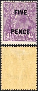 Australia 1930 SG 120 5d on 4 1/2d violet narrow E in PENCE mint