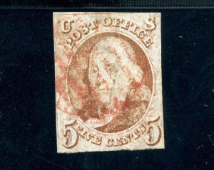 USAstamps Used FVF US 1847 Franklin 1st Stamp Sct 1 With Red Grid Cancel