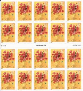 US Stamp - 2005 Love Bouquet - Booklet Pane of 20 Stamps #3898