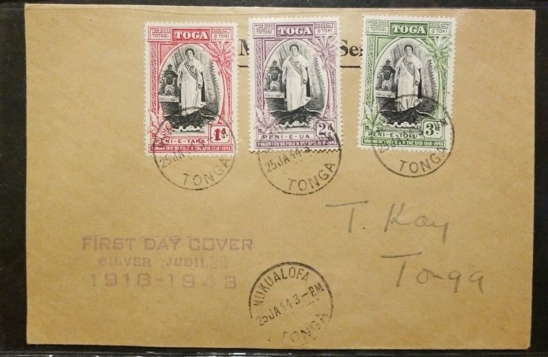 Tonga  FDC 1943 Jubilee Cover 3 stamps - local use 