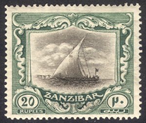 Zanzibar 1921 20r Black & Green Dhow Wmk Script Scott 176 SG 296 MVLH Cat $400