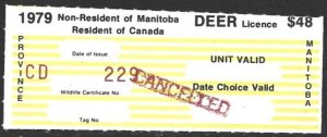 1979 Canada Non-Resident of MANITOBA $48 DEER LICENSE Hunting Revenue VF-