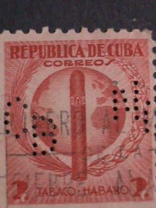 ​CUBA 1939 -SC#357-  83  YEARS OLD USED STAMP-CUBA CIGAR & GLOBE WITH PERFIN