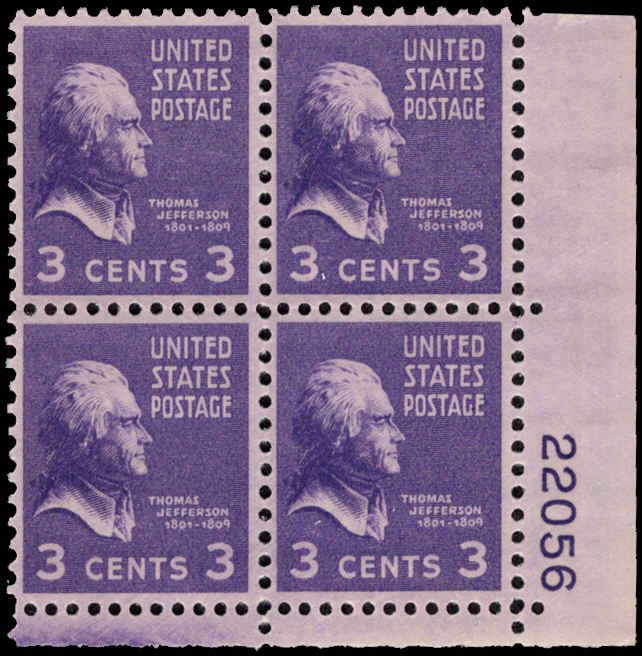 US #807 THOMAS JEFFERSON MNH LR PLATE BLOCK #22056 DURLAND $1.25