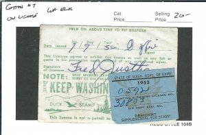 U.S.: 1953 Washington State Hunting License w/Elk Tag, Cotton #7 (47650)