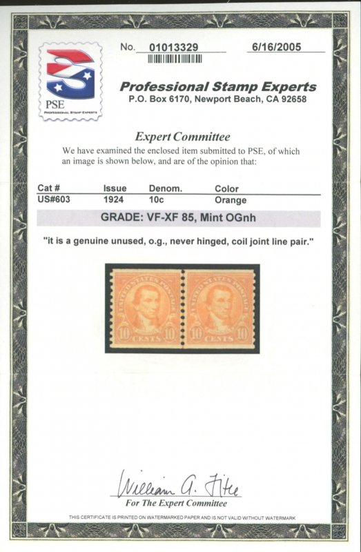 U.S. #603 MINT LINE PAIR WITH PSE CERT OG NH VF-XF 85
