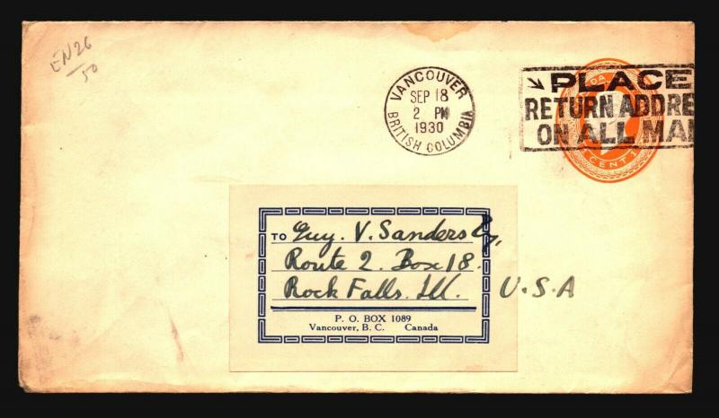 Canada 1930 Stationery Cover Used w/ Slogan Cancel - Z15382