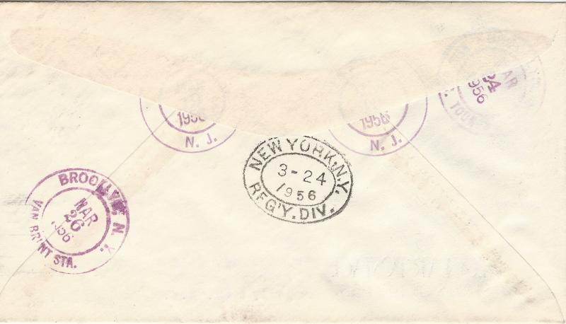 U.S., Scott #1053 First Day Cover, Sent Registered, Paterson, NJ, March 19, 1956