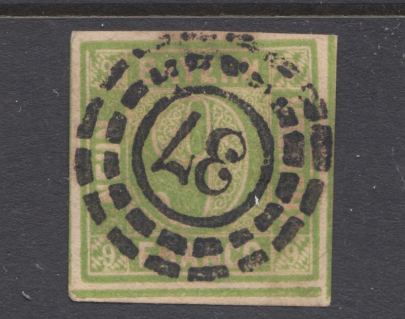 Bavaria Sc 6 used. 1850-58 9kr yellow green Numeral, 37 in open Millwheel cancel