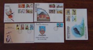 Botswana 5 x FDC 1982 1989 Egret Houses Artifacts Children Art Commonwealth Day 