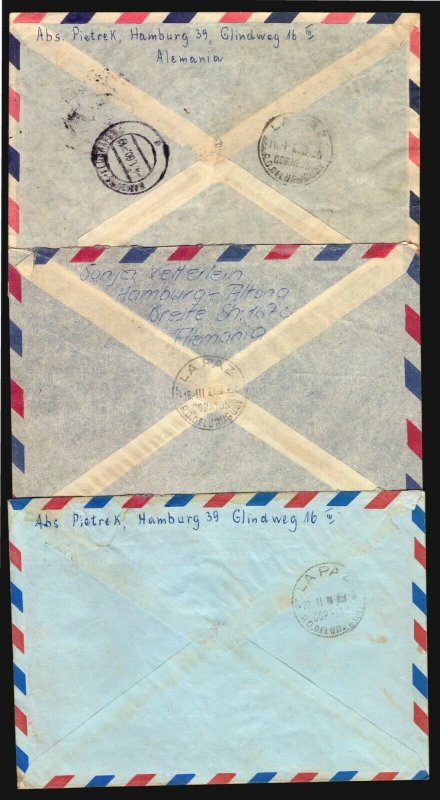 Germany 3 Air mail Covers ca 1960 registered to Uruguay South America Heuss