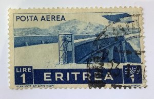 Italian Eritrea 1936 Scott C11 used - 1 L,  Caproni CA 101 plane over bridge