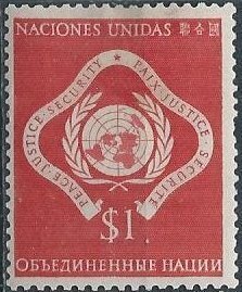UN Sc. #11 (mh) $1 emblem: peace, justice, security, red (1951)