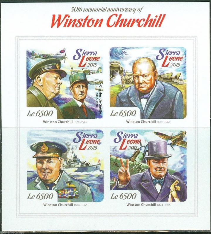 SIERRA LEONE 2015 50th MEMORIAL ANN WINSTON CHURCHILL W/deGAULLE IMPERF  MINT NH