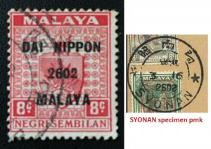 Malaya 1942 Japanese Occupation opt NEGRI SEMBILAN 8c Used SYONAN pmk SG#J233