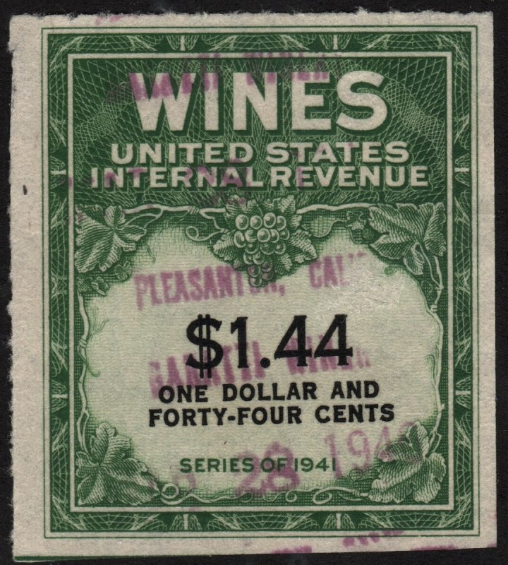 RE147 $1.44 Wine Revenue Stamp (1942) Used